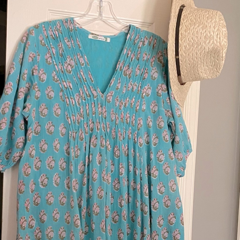 Dolma Floral Aqua Cotton Midi V neck Dress EUC - Picture 2 of 11